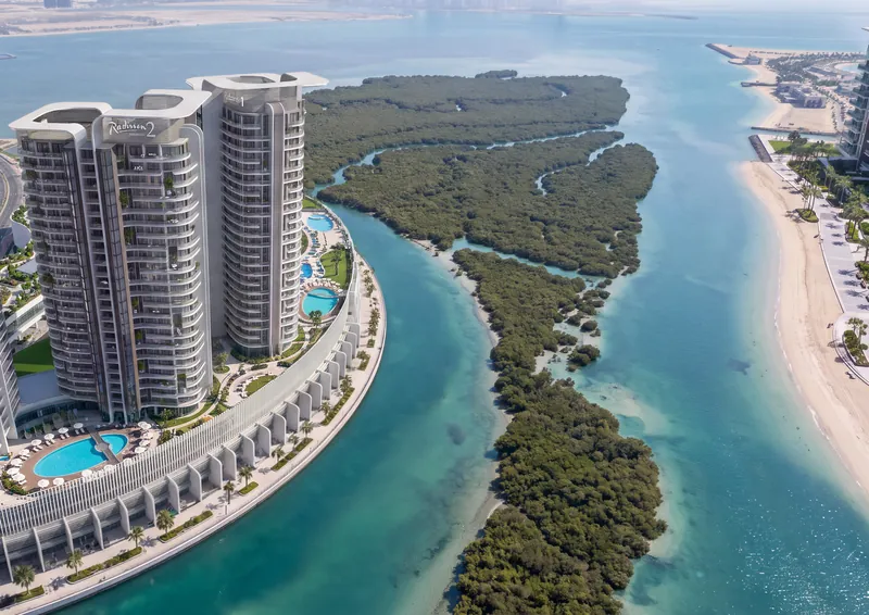 Aerial view of the towers beside the mangrove channels of Al Reem Island