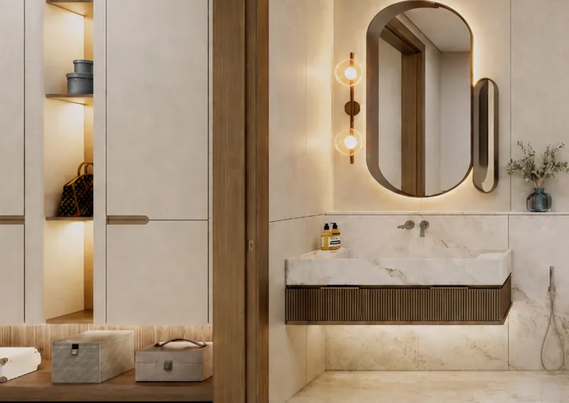Bathroom vanity with a pill-shaped mirror
