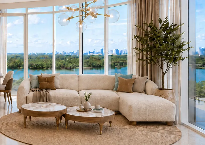 Living room of a 1-bedroom residence with floor-to-ceiling windows