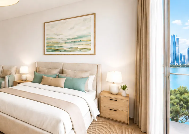 Furnished studio bedroom with a view of the water