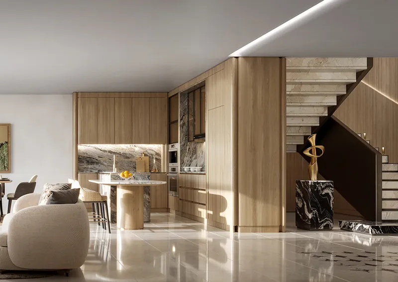 Townhouse living space with a sculptural staircase